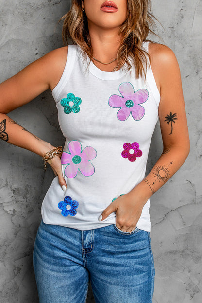 Sequin Flower Round Neck Tank-Angel Casuals