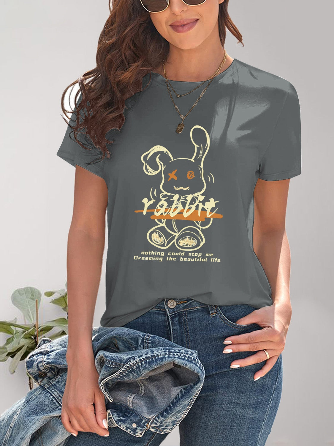 Rabbit Graphic Round Neck Short Sleeve T-Shirt-Angel Casuals