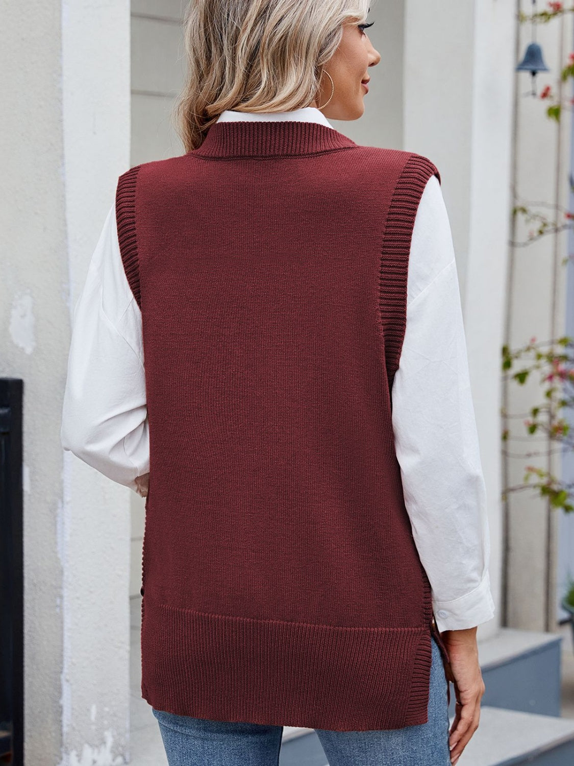 Buttoned Round Neck Sweater Vest-Angel Casuals