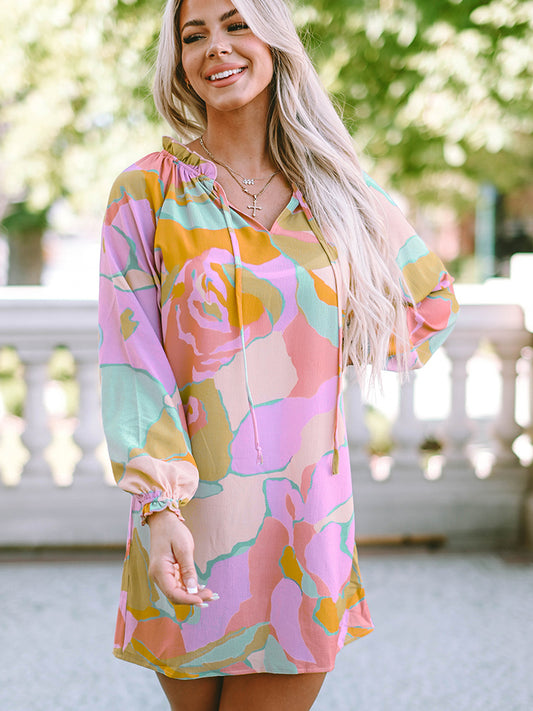 Printed Tie Neck Long Sleeve Dress-Angel Casuals