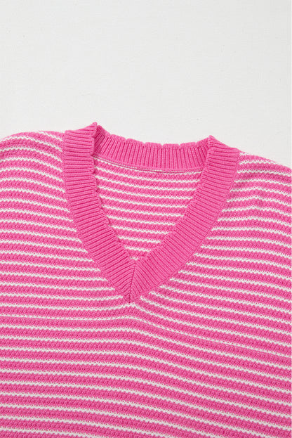 Striped V-Neck Dropped Shoulder Sweater-Angel Casuals