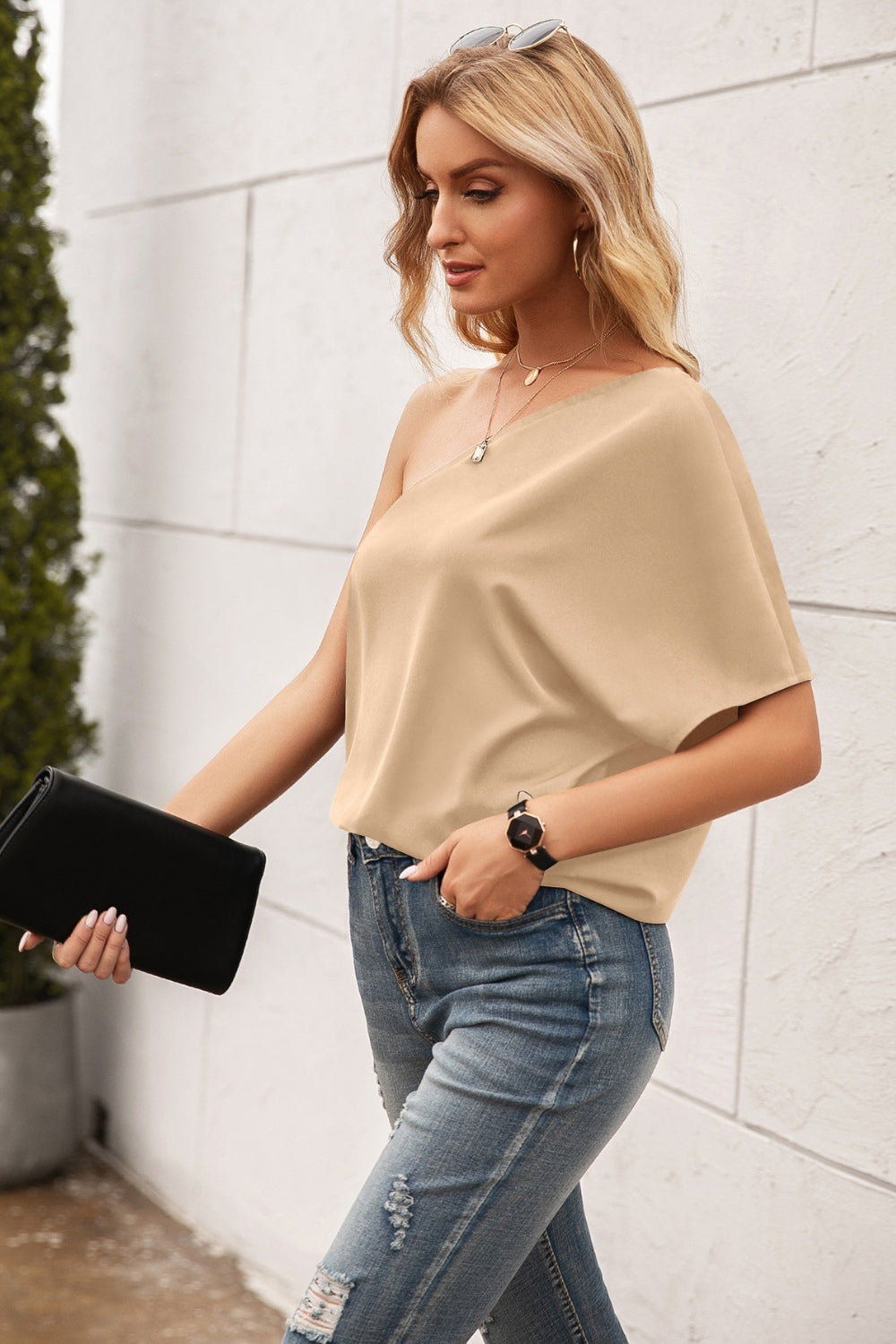 Single Shoulder Half Sleeve T-Shirt-Angel Casuals