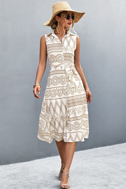 Printed Button Front Tie-Waist Sleeveless Collared Dress-Angel Casuals