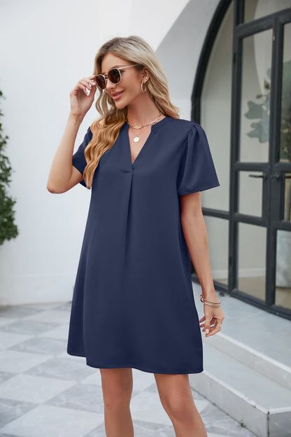 Notched Puff Sleeve Shift Dress-Angel Casuals