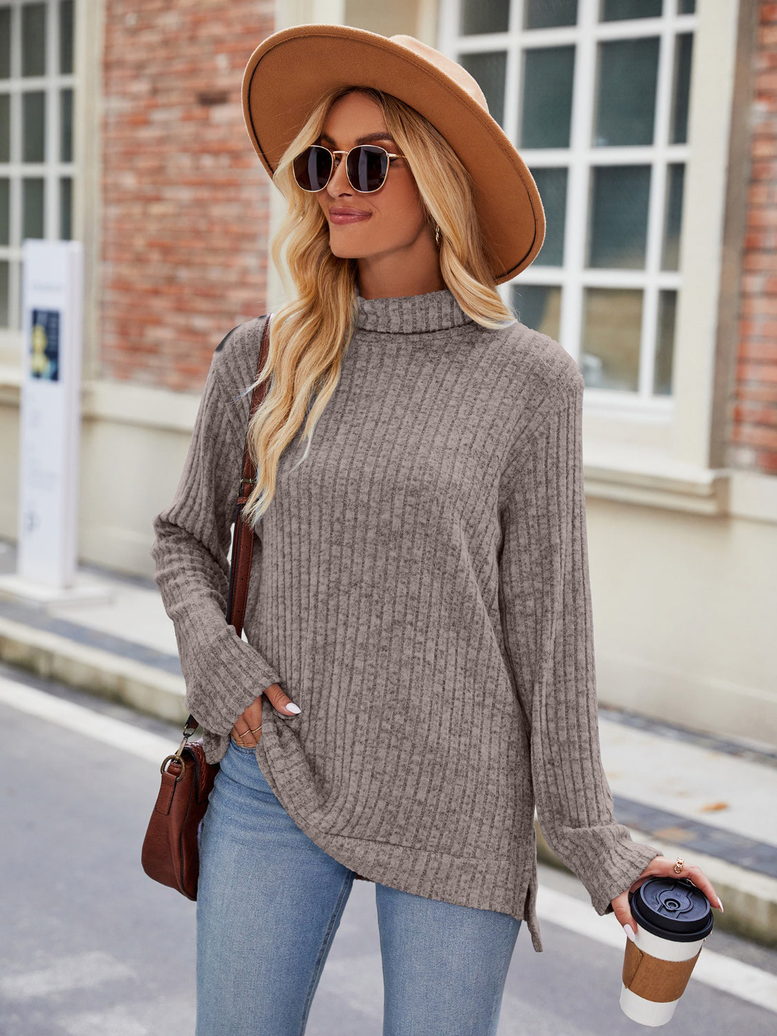 Ribbed Turtleneck Long Sleeve Slit Knit Top-Angel Casuals