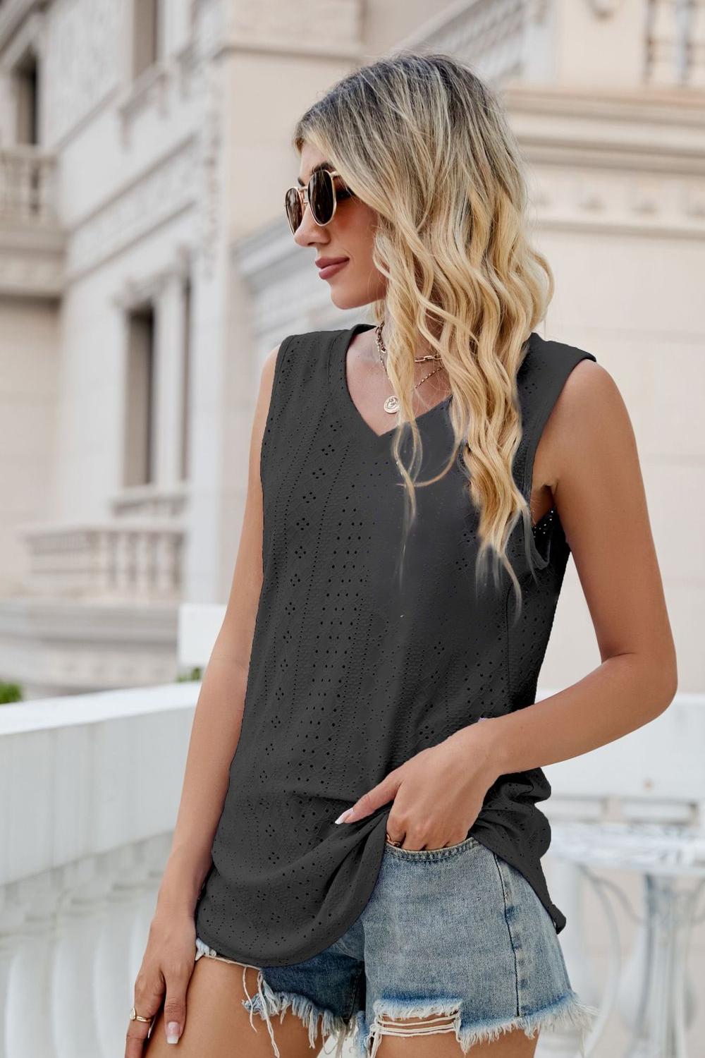 Eyelet V-Neck Tank-Angel Casuals