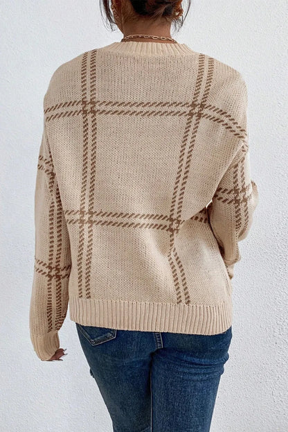 Plaid Round Neck Dropped Shoulder Sweater-Angel Casuals