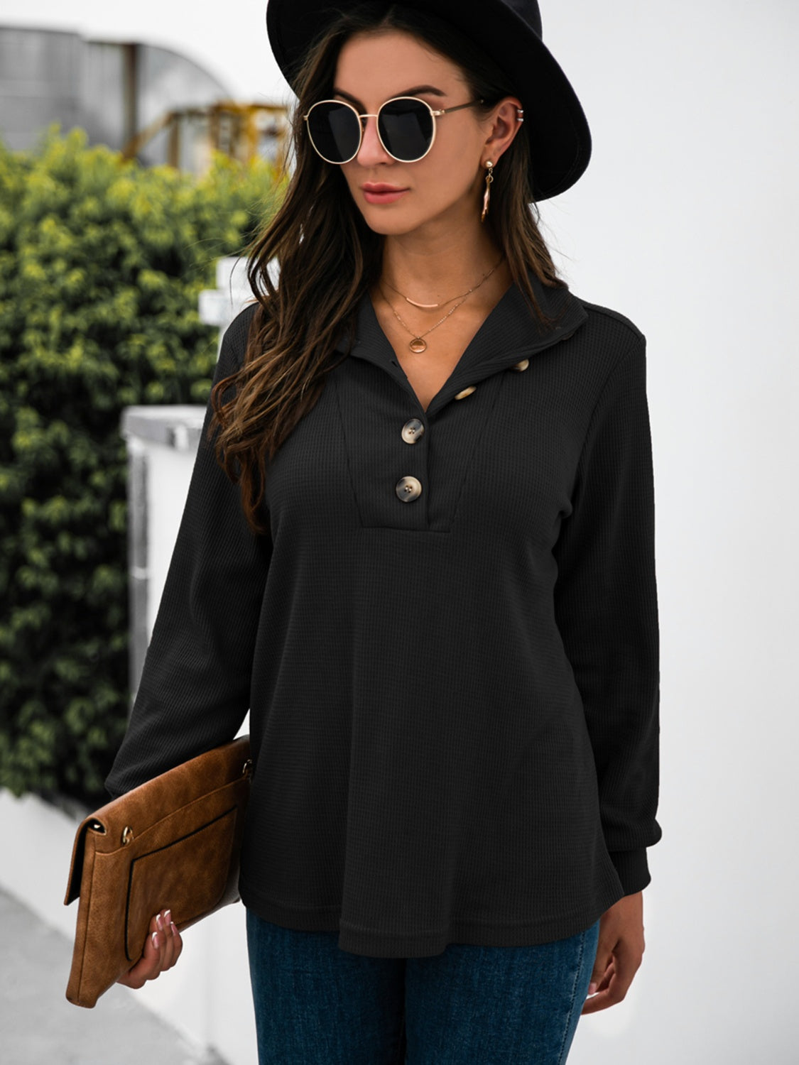 Half Button Long Sleeve T-Shirt-Angel Casuals