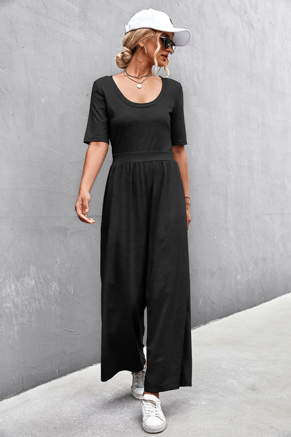 Scoop Neck Half Sleeve Wide Leg Jumpsuit-Angel Casuals