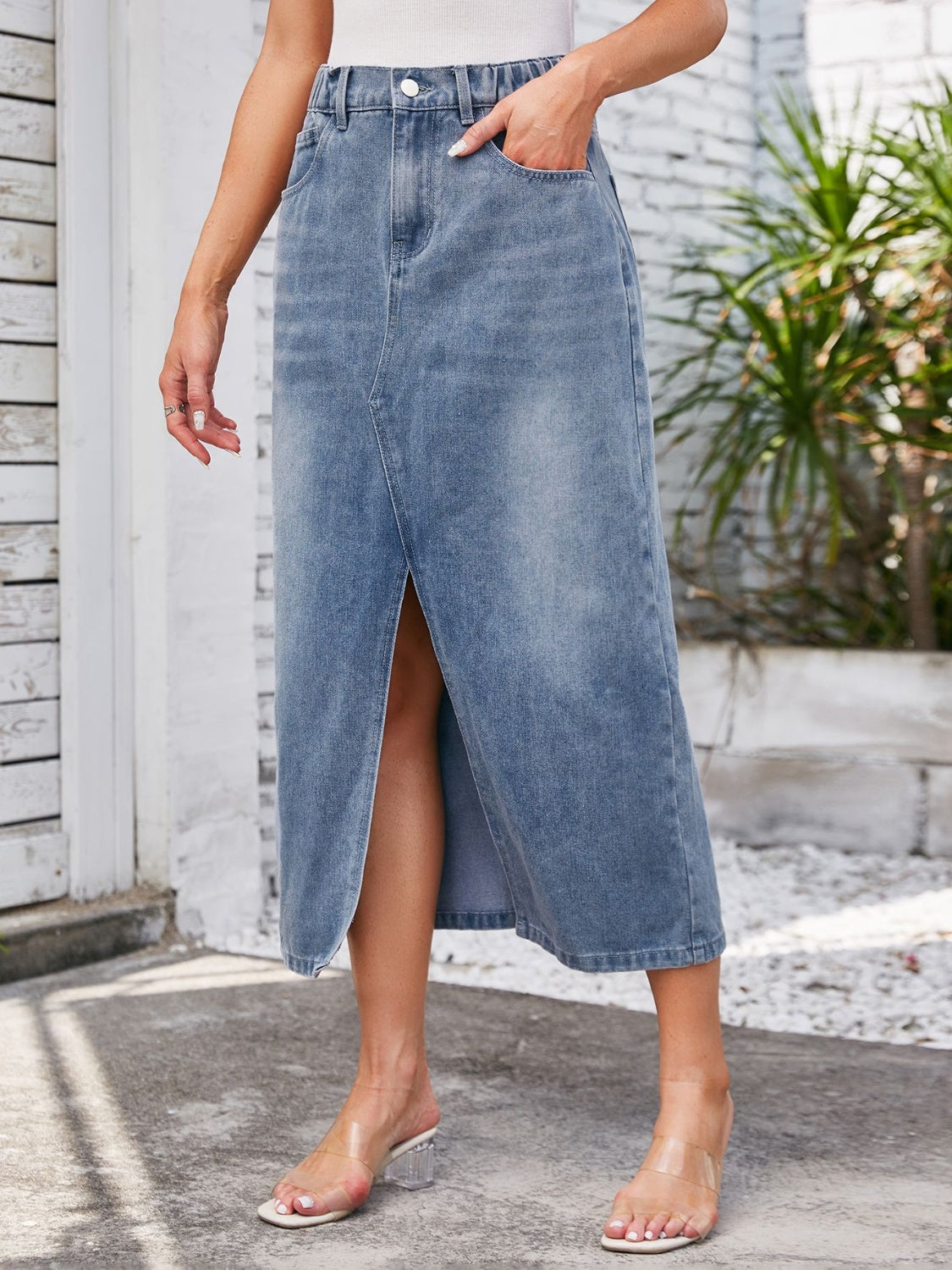 Slit Midi Denim Skirt with Pockets-Angel Casuals