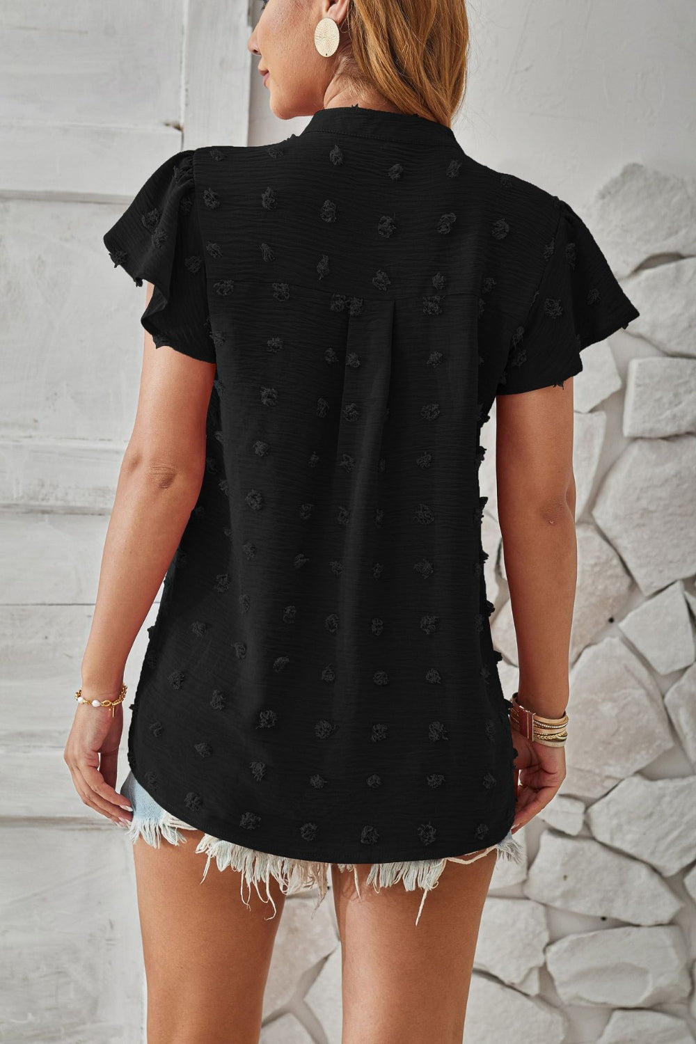 Swiss Dot Notched Cap Sleeve T-Shirt-Angel Casuals