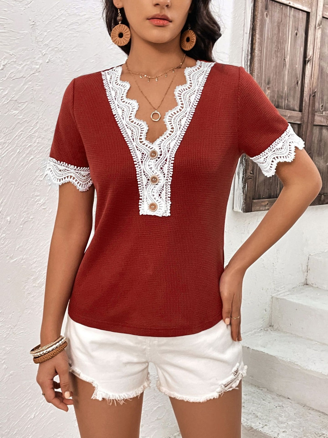 Lace Detail V-Neck Short Sleeve T-Shirt-Angel Casuals