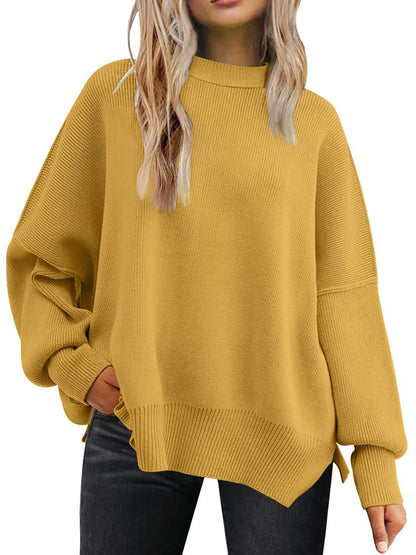 Slit Round Neck Dropped Shoulder Sweater-Angel Casuals