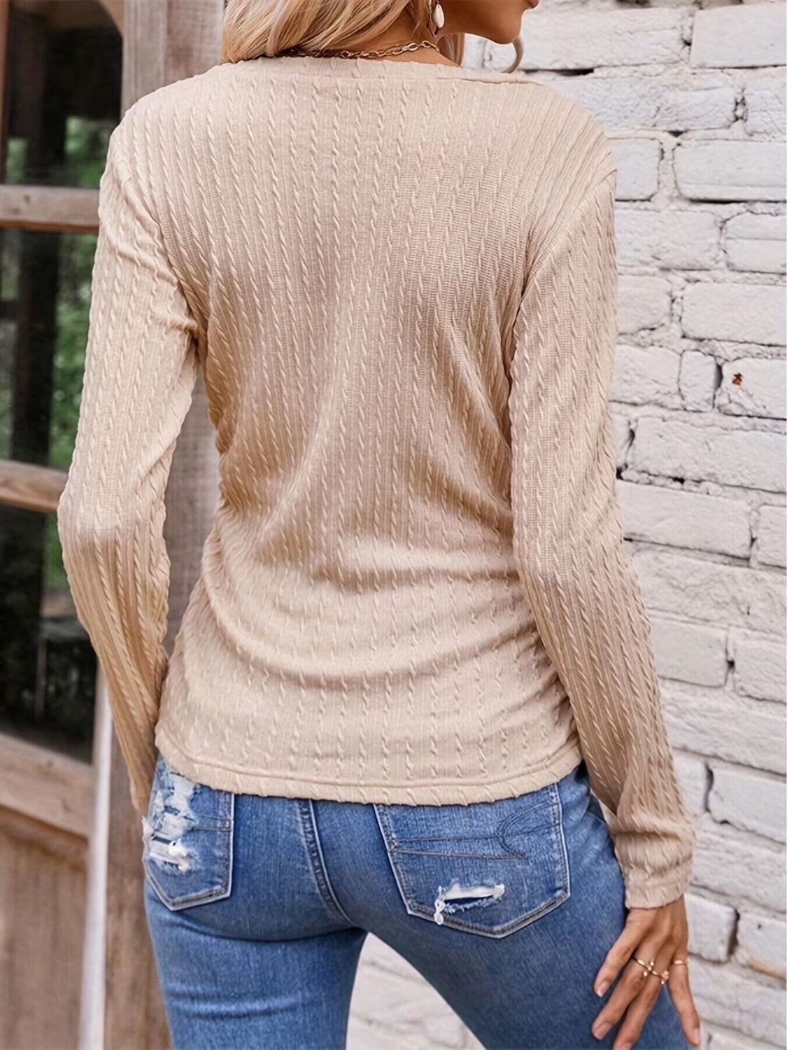 Textured Ruched V-Neck Long Sleeve T-Shirt-Angel Casuals