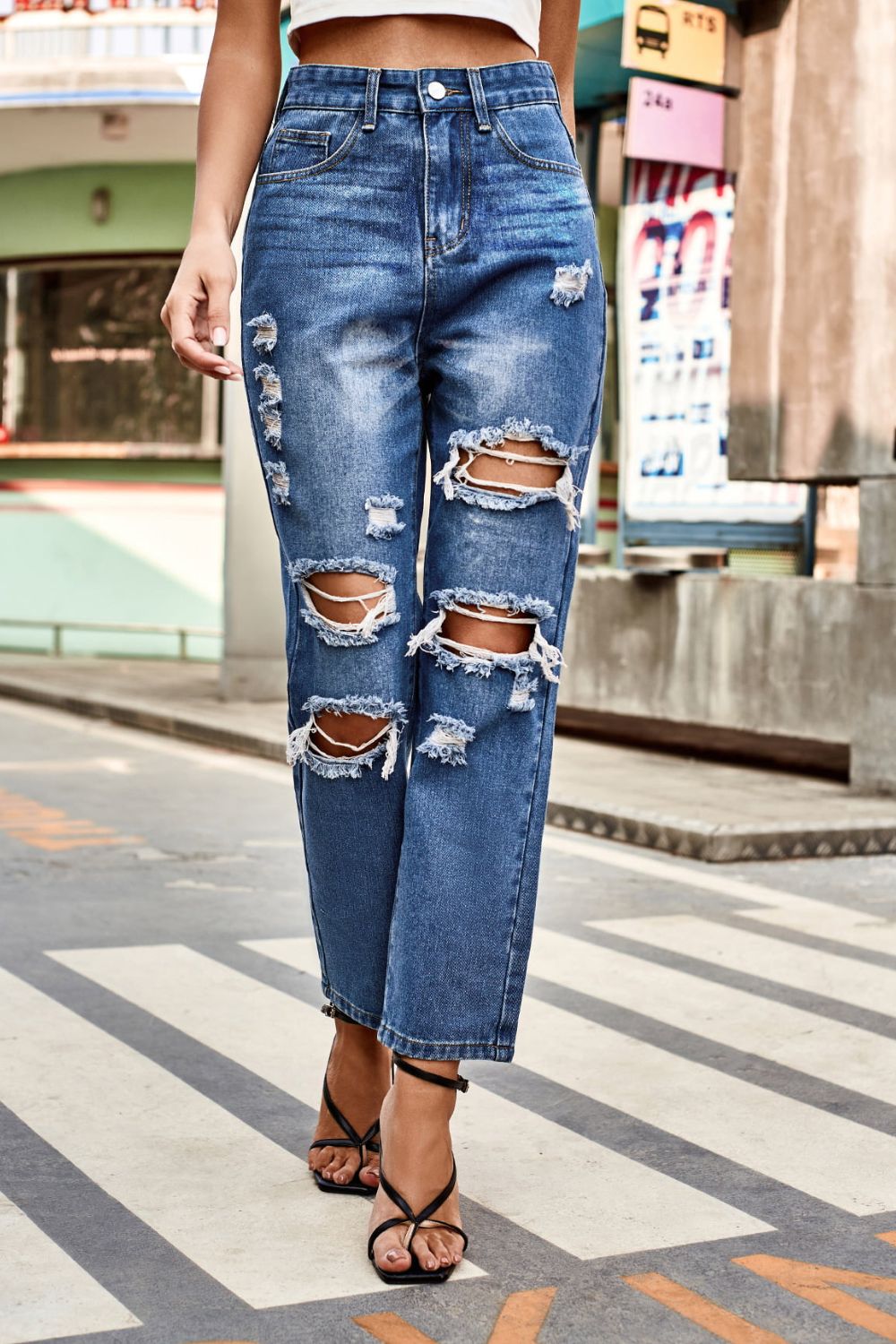 Distressed High Waist Straight Jeans-Angel Casuals