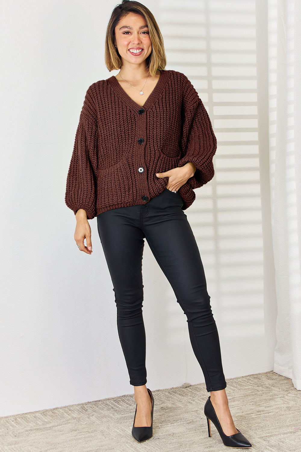 Pocketed Button Up Dropped Shoulder Cardigan-Angel Casuals