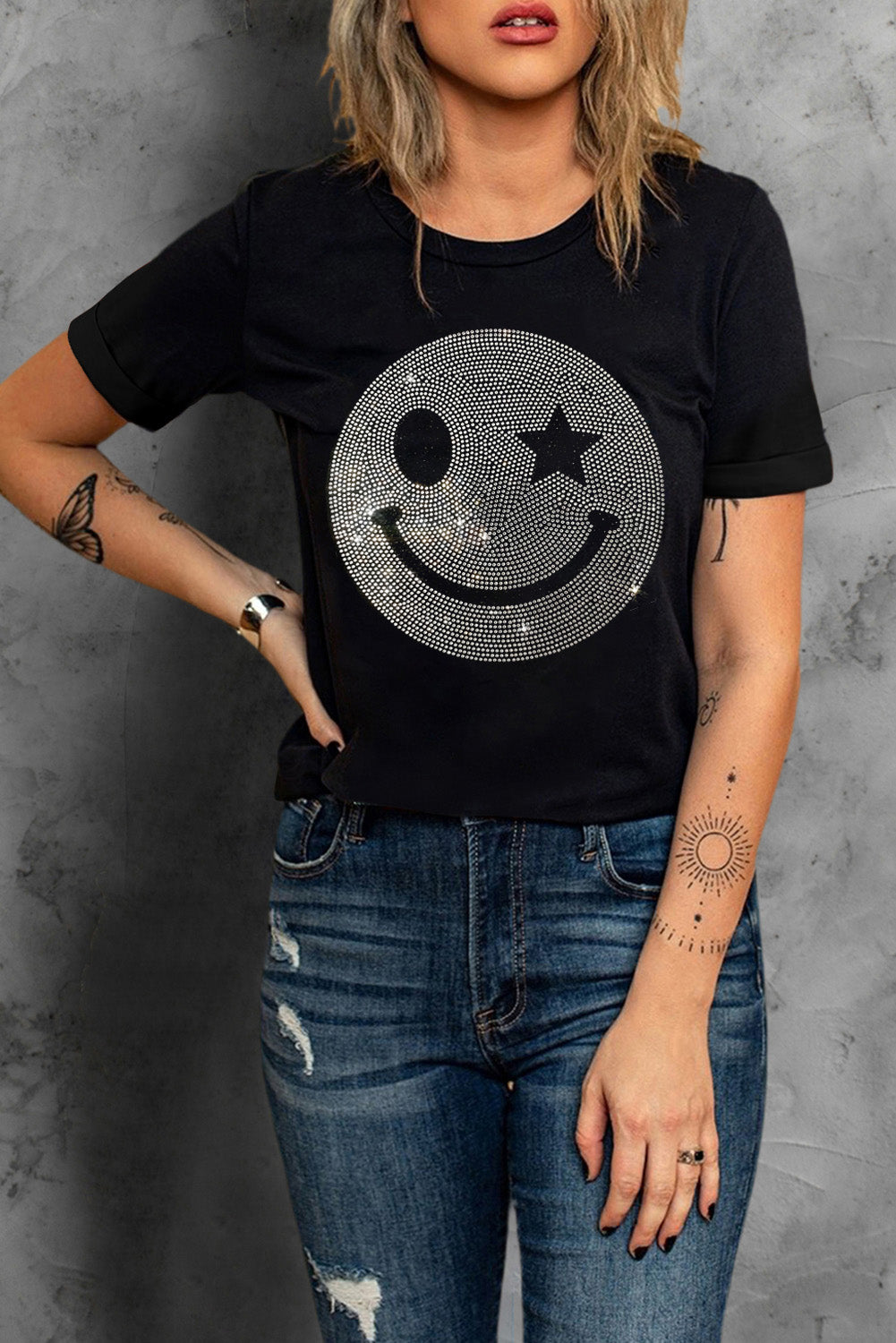 Rhinestone Smiley Round Neck Short Sleeve T-Shirt-Angel Casuals