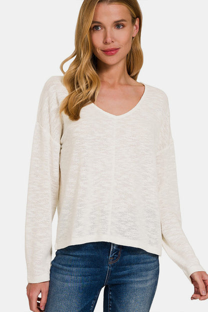 Zenana V-Neck Dropped Shoulder Long Sleeve T-Shirt-Angel Casuals