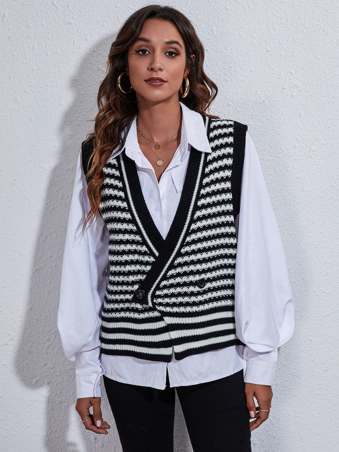 Striped Button Up V-Neck Sweater Vest-Angel Casuals