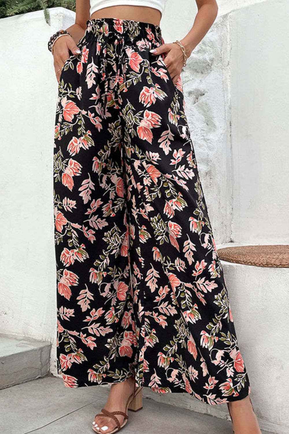 Floral Pull-On Wide Leg Pants-Angel Casuals