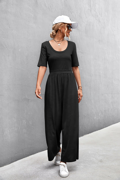 Scoop Neck Half Sleeve Wide Leg Jumpsuit-Angel Casuals