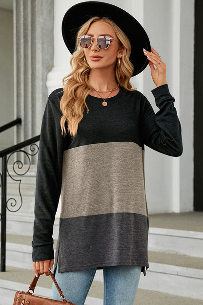 Color Block Round Neck Long Sleeve T-Shirt-Angel Casuals