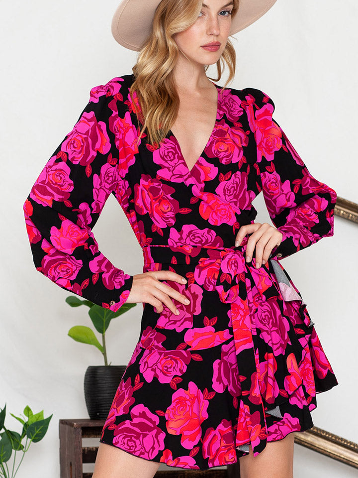 Floral Print Surplice Neck Long Sleeve Dress-Angel Casuals