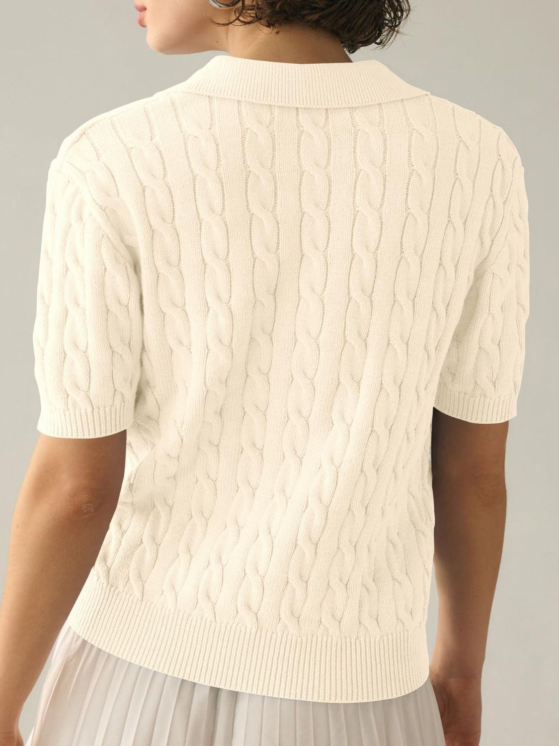 Cable-Knit Collared Neck Half Sleeve Sweater-Angel Casuals