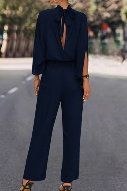 Tie Back Mock Neck Split Sleeve Jumpsuit-Angel Casuals