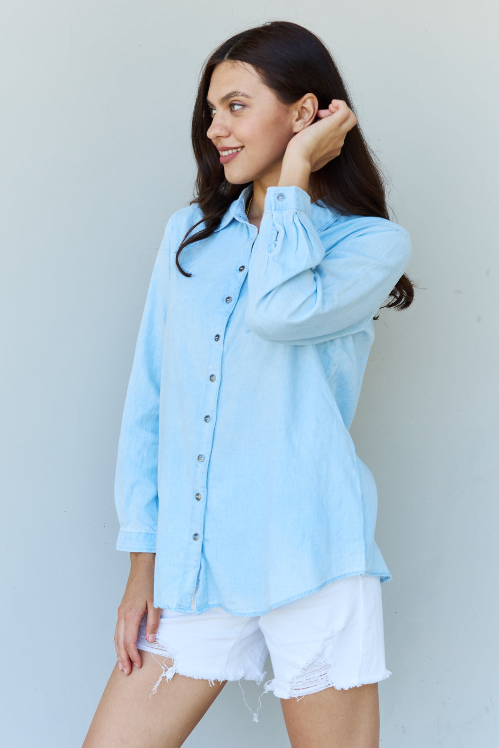 Doublju Blue Jean Baby Denim Button Down Shirt Top in Light Blue-Angel Casuals