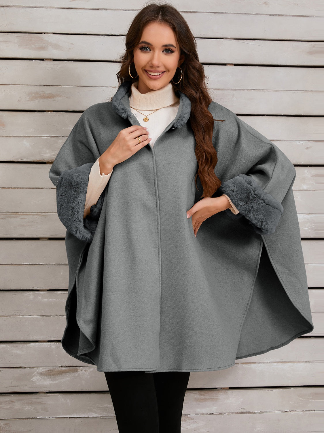 Fuzzy Trim Long Sleeve Poncho-Angel Casuals