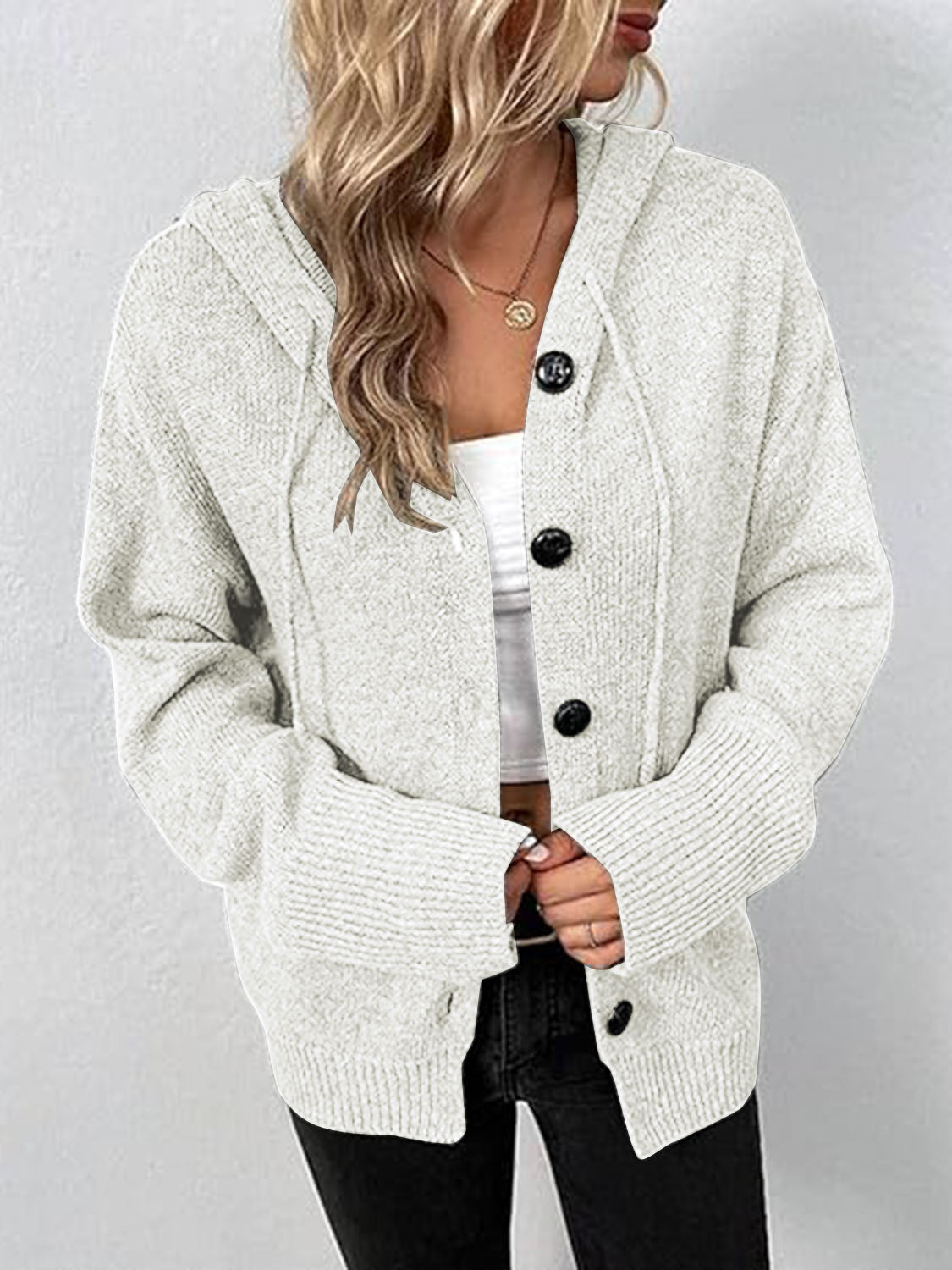 Button Up Drawstring Long Sleeve Hooded Cardigan-Angel Casuals