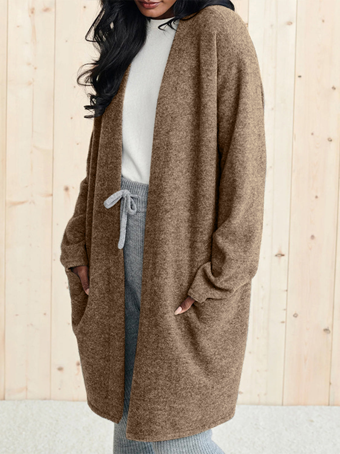 Open Front Long Sleeve Cardigan with Pockets-Angel Casuals