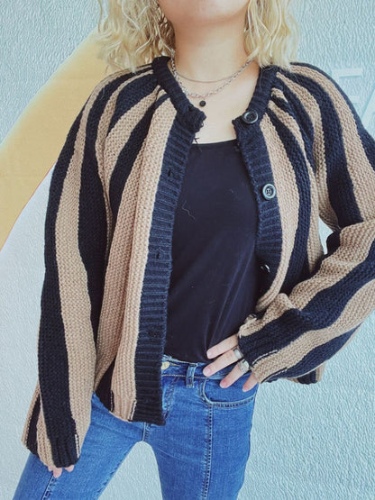 Contrast Stripes Button Down Long Sleeve Cardigan-Angel Casuals