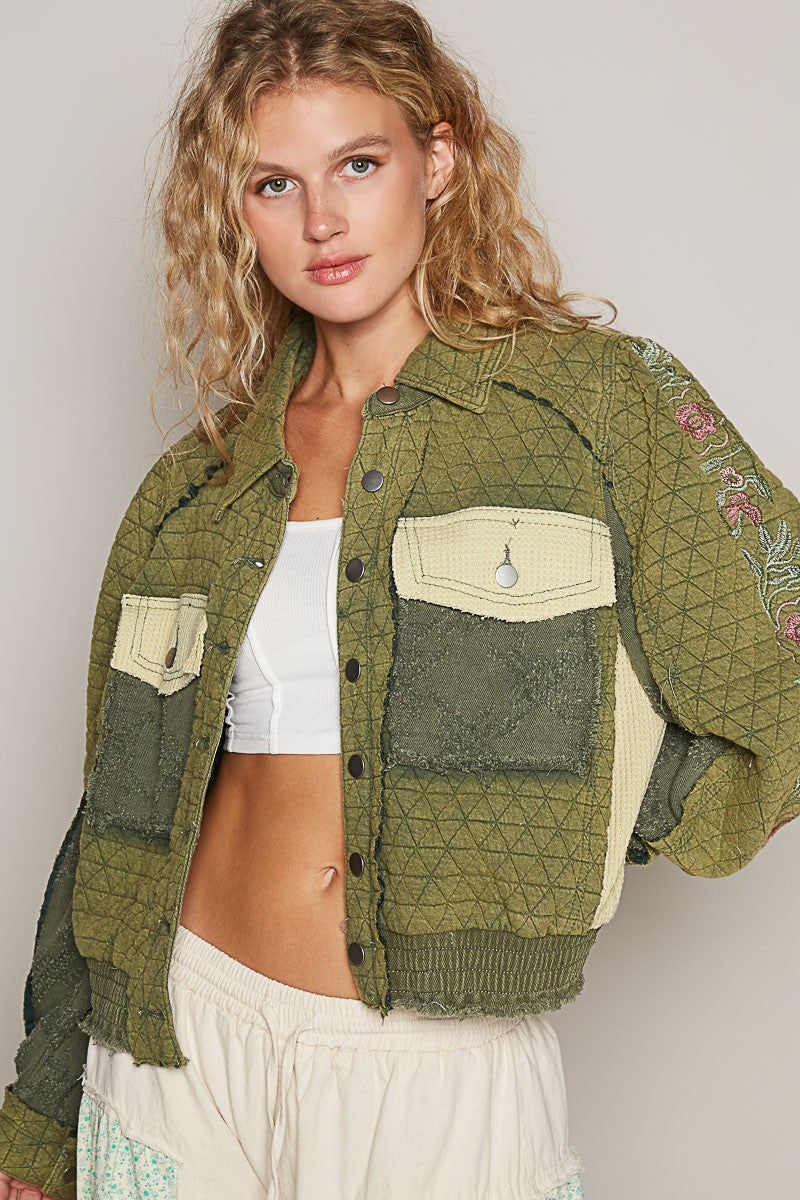 POL Embroidered Sleeve Raw Edge Quilted Jacket-Angel Casuals