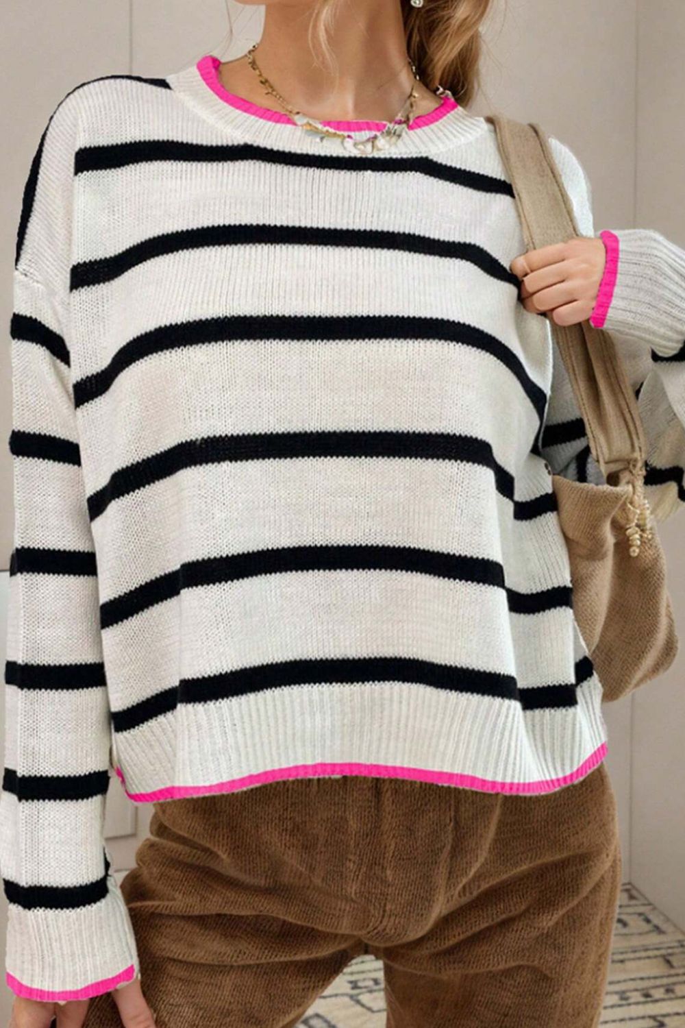 Striped Round Neck Drop Shoulder Sweater-Angel Casuals