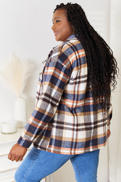 Double Take Plaid Button Front Shirt Jacket with Breast Pockets-Angel Casuals