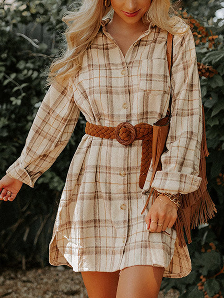 Plaid Collared Neck Long Sleeve Shirt Dress-Angel Casuals