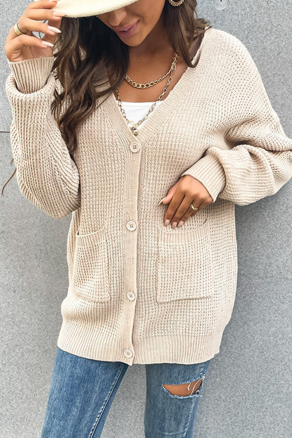 Button Front Drop Shoulder Waffle Cardigan-Angel Casuals