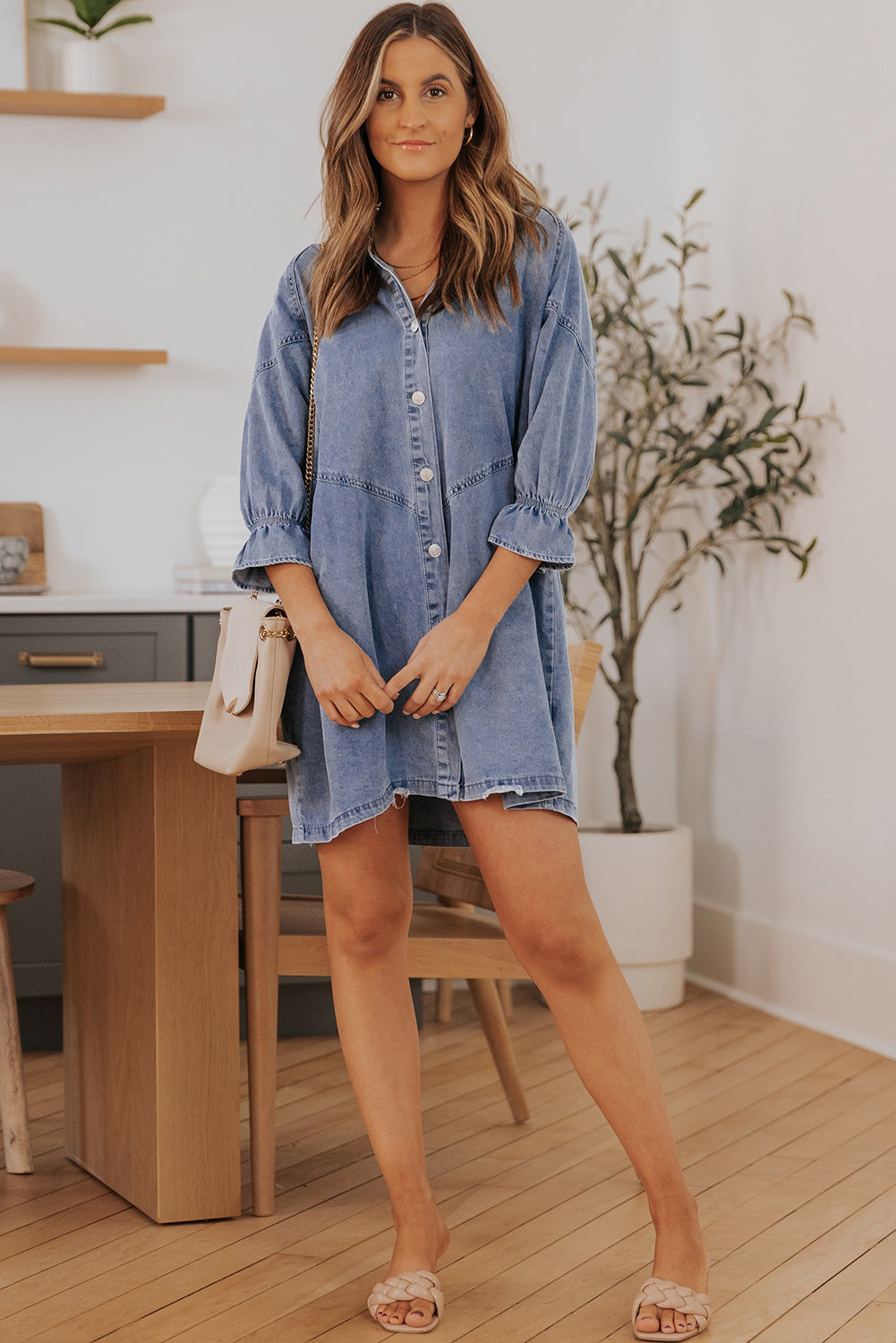 Collared Neck Flounce Sleeve Denim Mini Dress-Angel Casuals