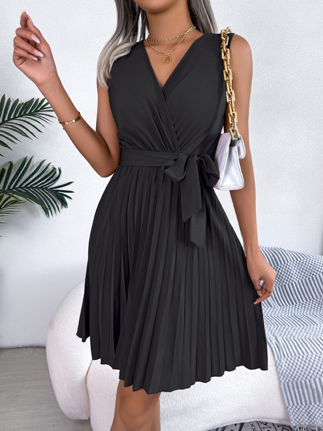 Tied Surplice Sleeveless Pleated Dress-Angel Casuals