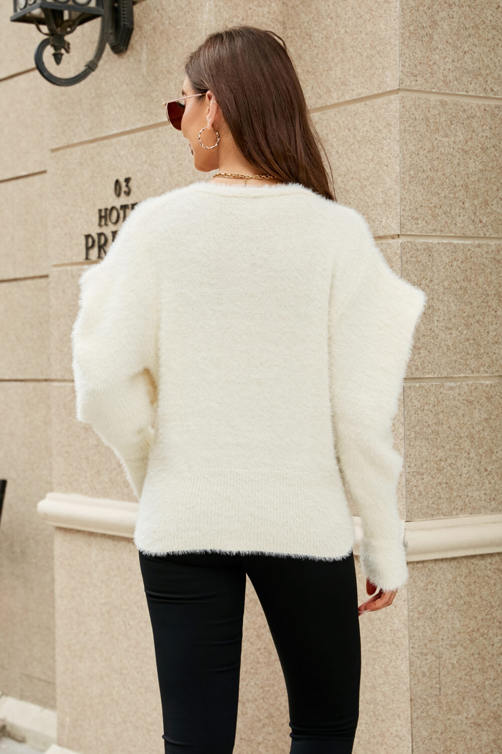 Woven Right Puff Sleeve V-Neck Fuzzy Cardigan-Angel Casuals