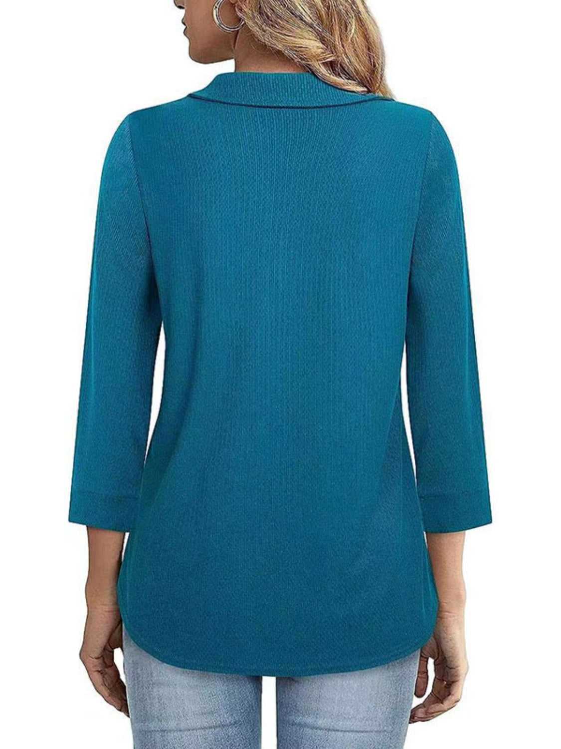 Half Zip Collared Neck Three-Quarter Sleeve T-Shirt-Angel Casuals