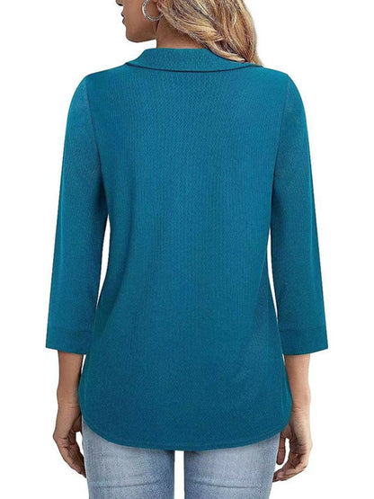 Half Zip Collared Neck Three-Quarter Sleeve T-Shirt-Angel Casuals