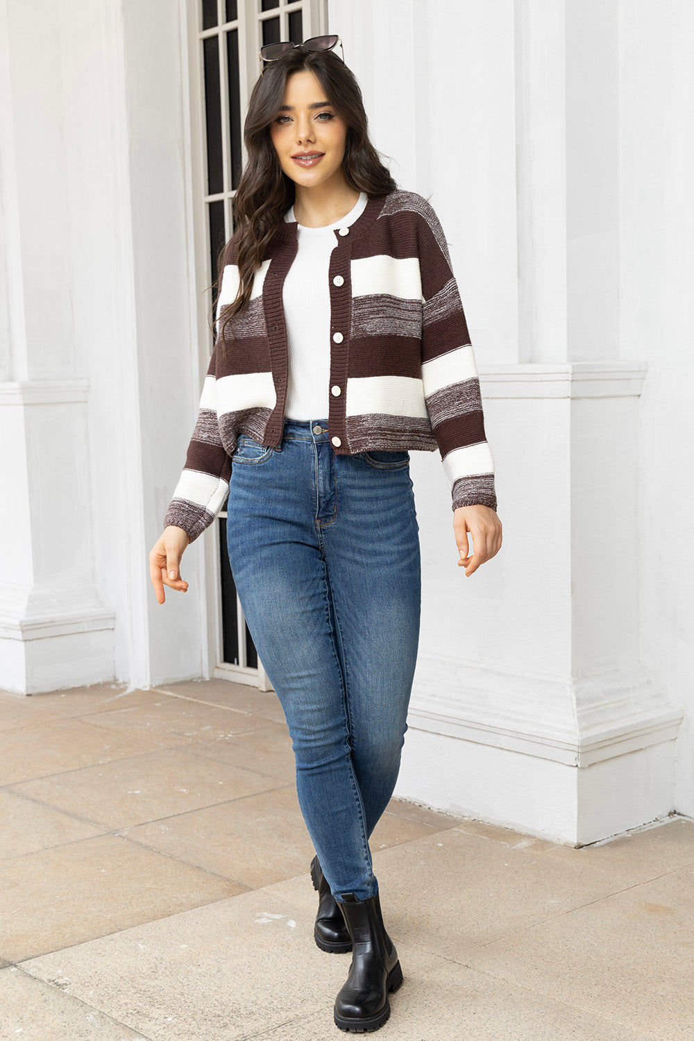 Striped Button Up Long Sleeve Cardigan-Angel Casuals