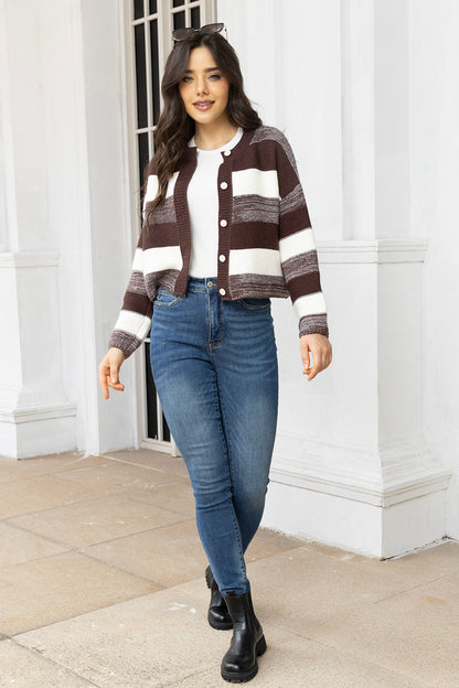 Striped Button Up Long Sleeve Cardigan-Angel Casuals