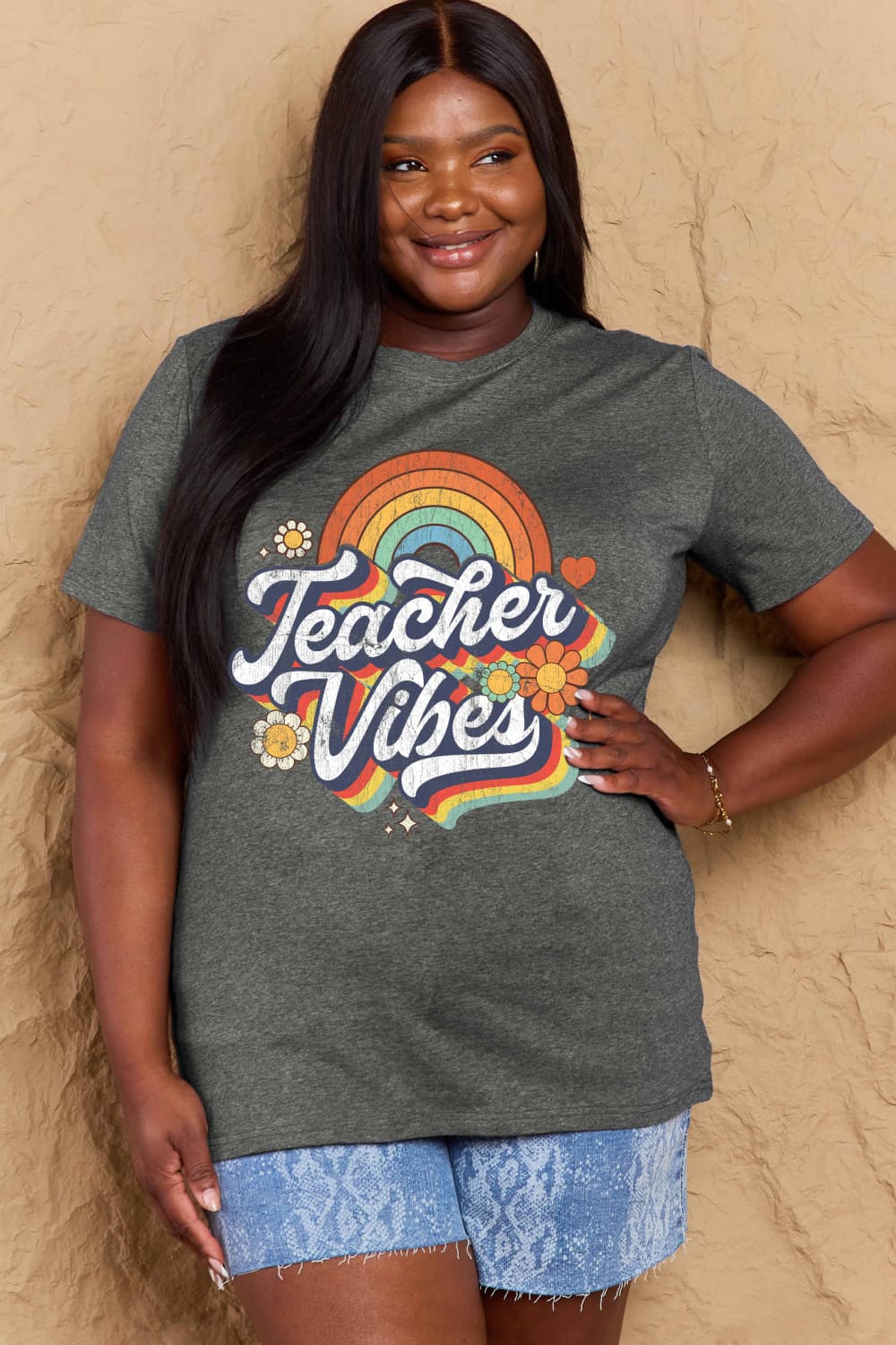 Simply Love Full Size TEACHER VIBES Graphic Cotton T-Shirt-Angel Casuals