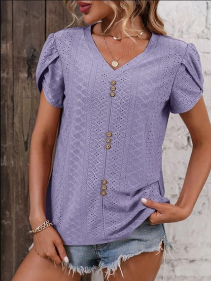 Eyelet V-Neck Petal Sleeve T-Shirt-Angel Casuals