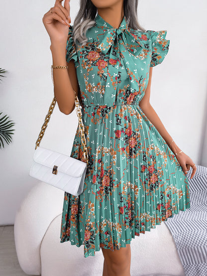 Pleated Floral Printed Tie Neck Knee Length Dress-Angel Casuals