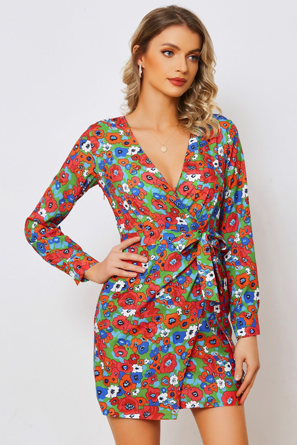 Floral Tied Long Sleeve Plunge Dress-Angel Casuals